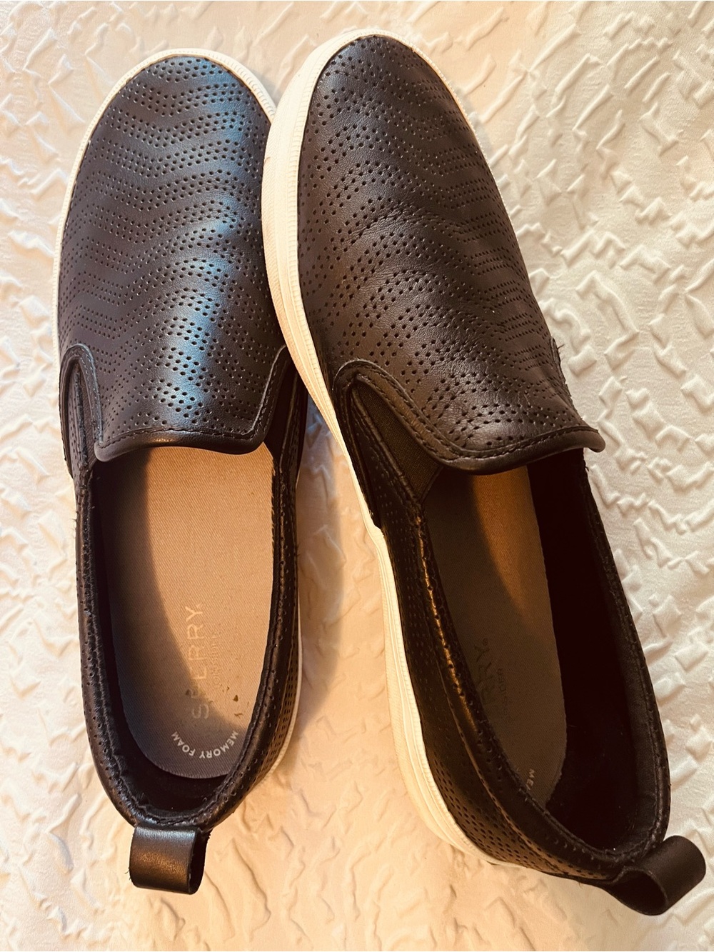 Sperry Black Perforated Leather Slip-On Sneakers
